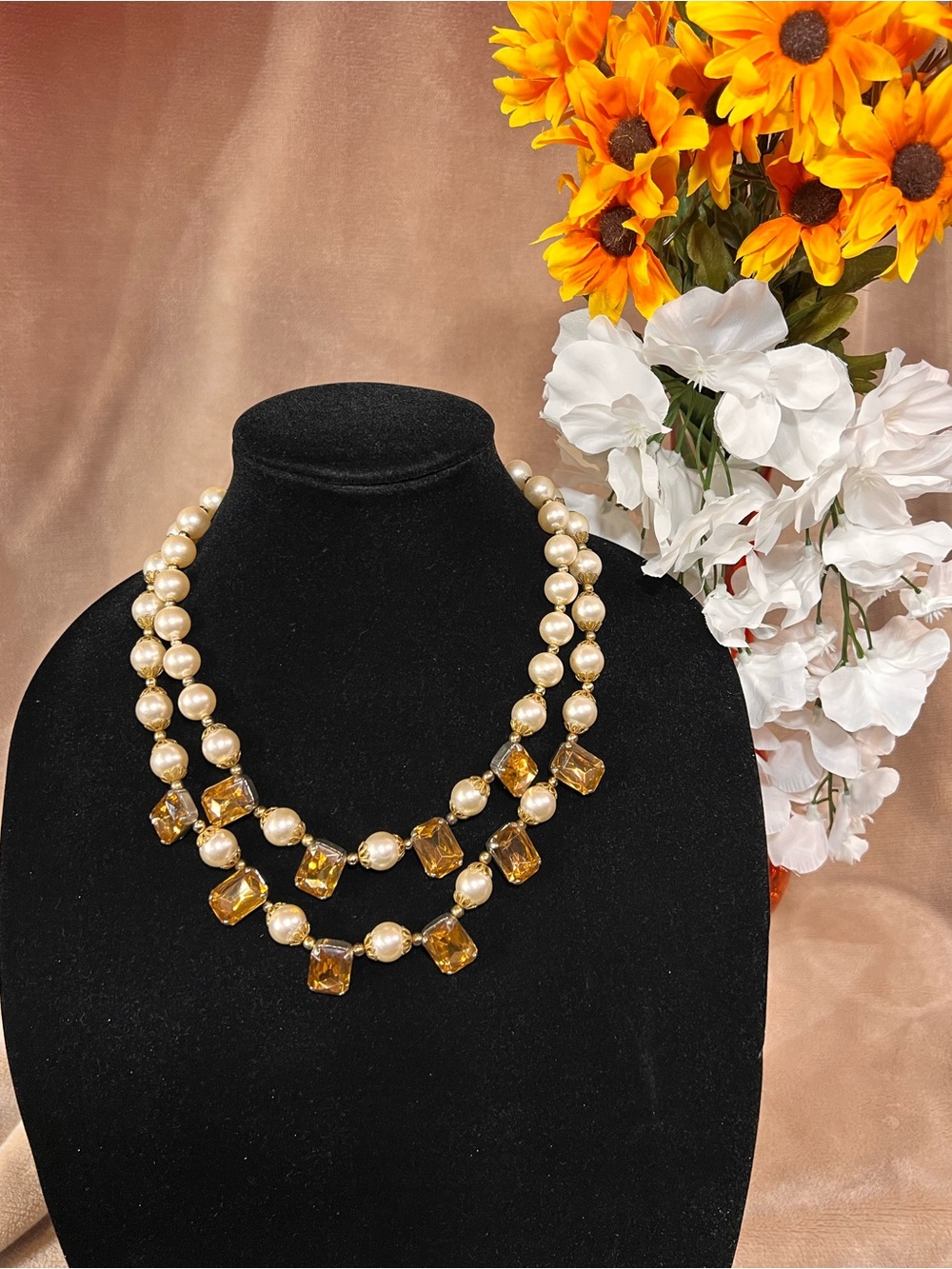 Pearl and Citrine Crystal Layered Victorian Grandma Vintage Necklace